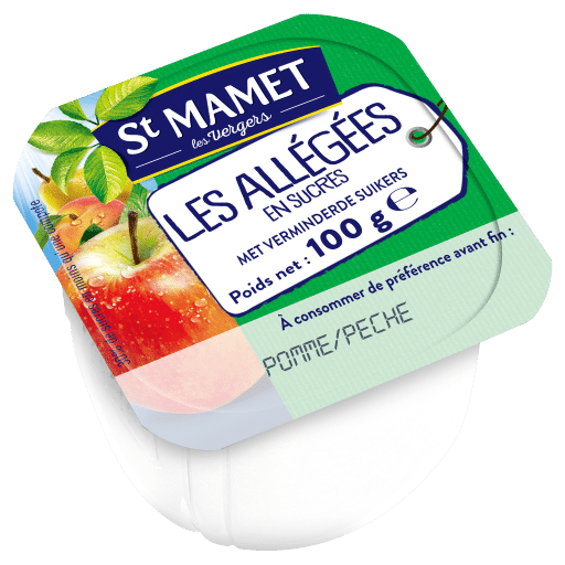 Compotes allégées en sucre pots plastiques 100g Pomme/Pêche le lot de 120
