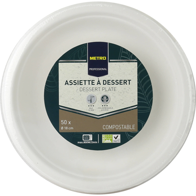 Assiette a dessert jetable rond biodegradable blanc 18 cm x 50