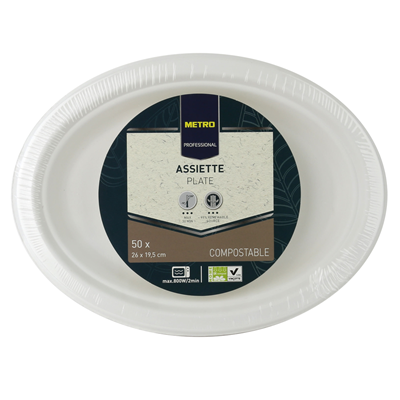 Assiette jetable ovale biodégradable blanc 26 x 19.5 cm x 50