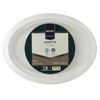 Assiette jetable ovale biodegradable blanc 26 x 19 5 cm x 50