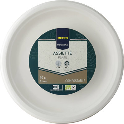 Assiette jetable rond biodegradable blanc 26 cm x 50