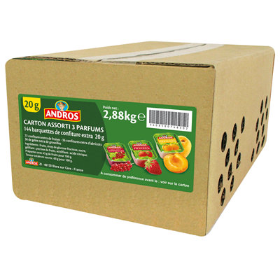 Confiture 20 g x 144 carton assorti de 3 parfums andros