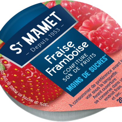 Confiture extra 50 de fruits coupelle alu allegee en sucres fraise framboise le carton de 120