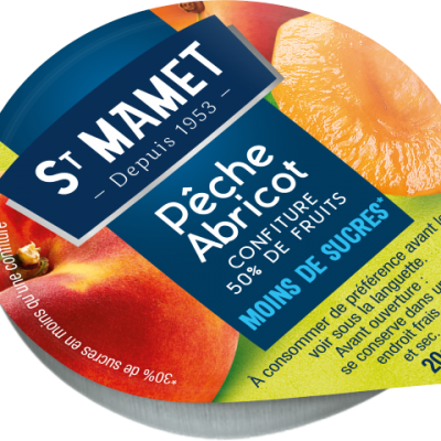 Confiture extra 50 de fruits coupelle alu allegee en sucres peche abricot